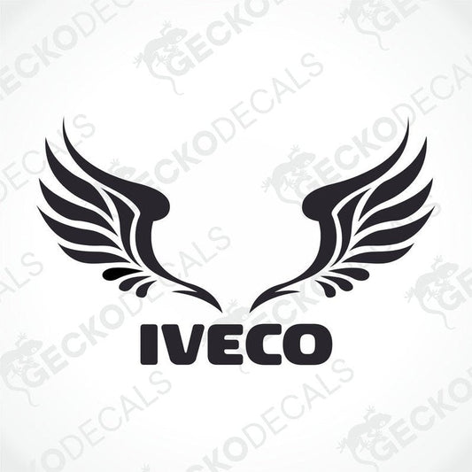 A decal with two wings spread on either side of the IVECO logo, designed for use on vehicles or other surfaces.