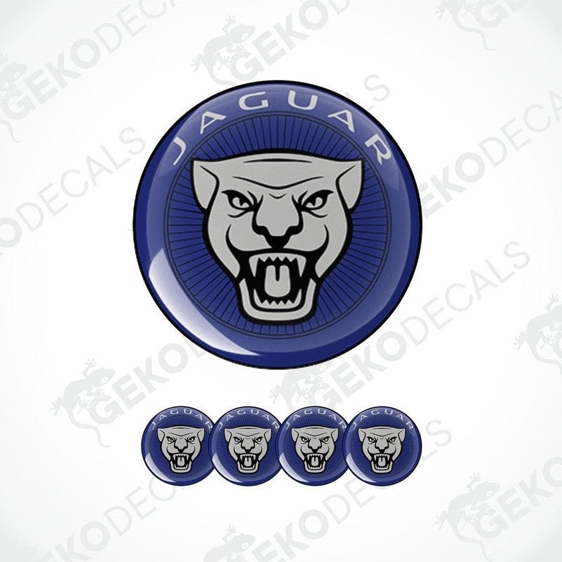 A set of vinyl decals featuring a jaguar logo with a blue background, intended for use as car stickers.
