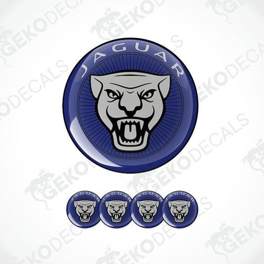 A set of vinyl decals featuring a jaguar logo with a blue background, intended for use as car stickers.