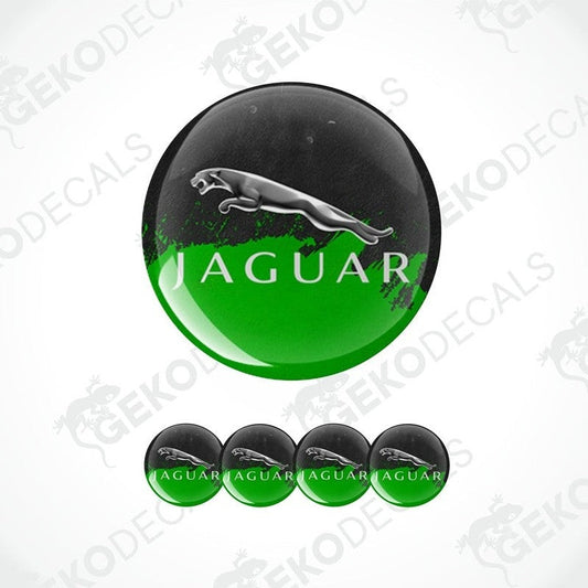 A set of vinyl decals for a JAGUAR car, featuring a green and black design with the JAGUAR logo.