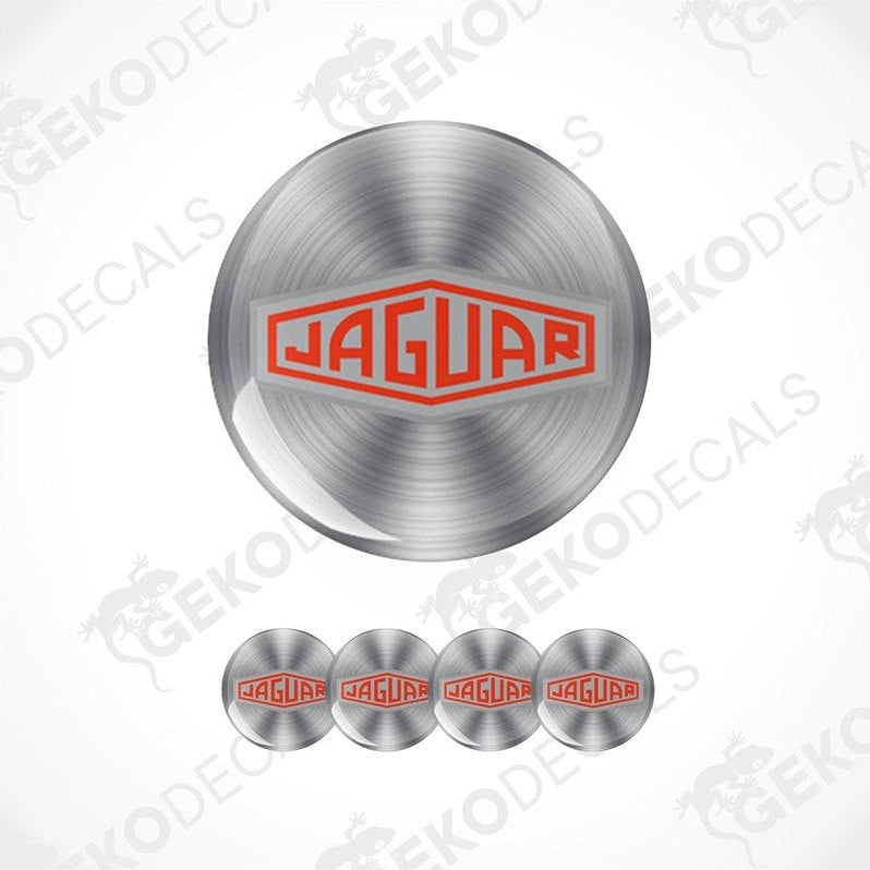 A set of vinyl decals with a polyurethane coating, featuring the Jaguar logo, displayed on a silver background.