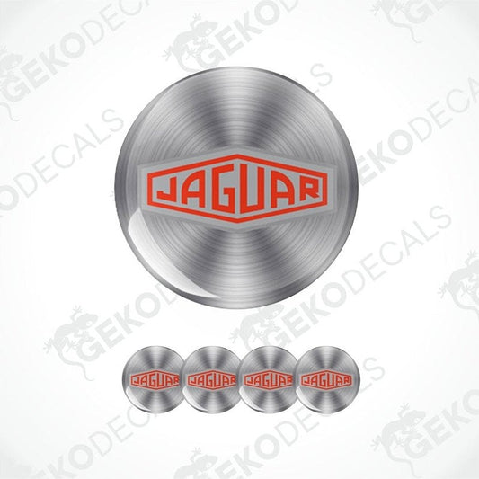 A set of vinyl decals with a polyurethane coating, featuring the Jaguar logo, displayed on a silver background.