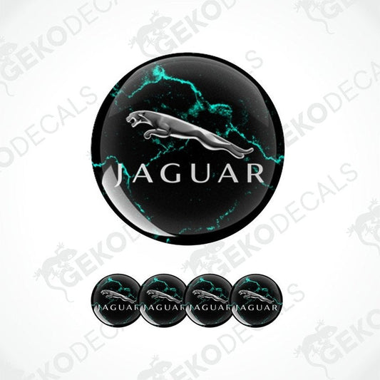 A set of four black vinyl stickers with a JAGUAR logo and a geometric pattern in green.