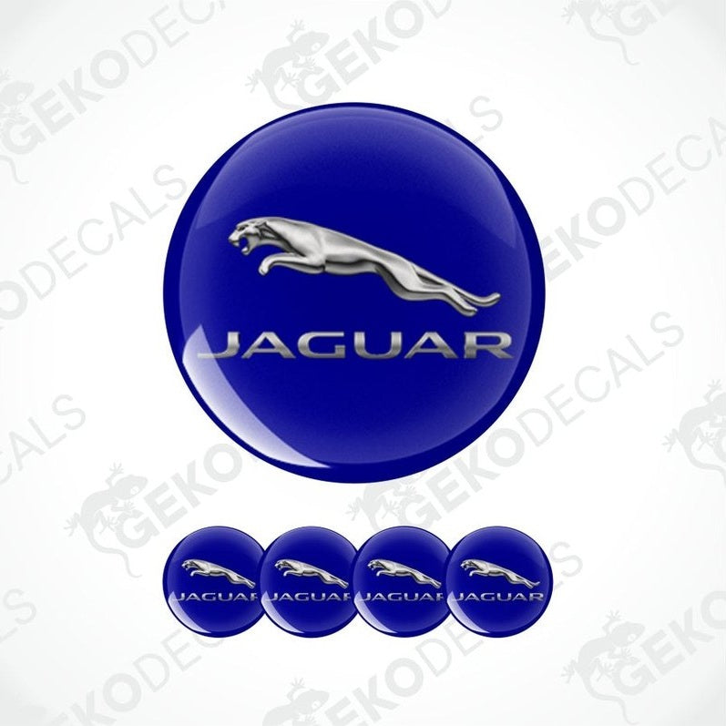 Jaguar logo and brand name on blue circular stickers with a white background.