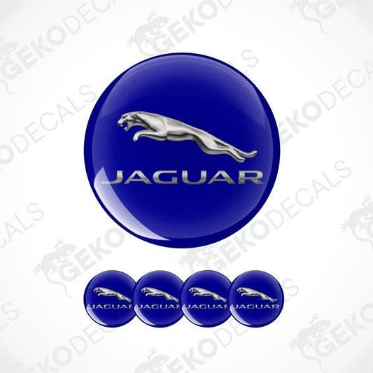 Jaguar logo and brand name on blue circular stickers with a white background.