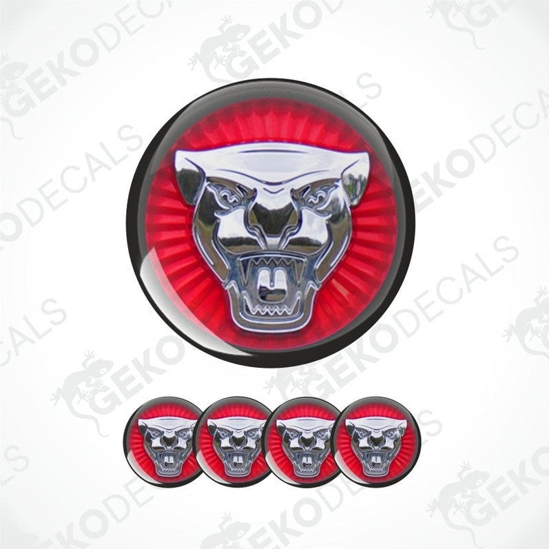 Set of red and silver panther emblem stickers on a white background with 'Geckodecals' branding.