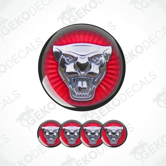 Set of red and silver panther emblem stickers on a white background with 'Geckodecals' branding.