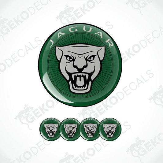 A set of four green vinyl stickers with a Jaguar logo.