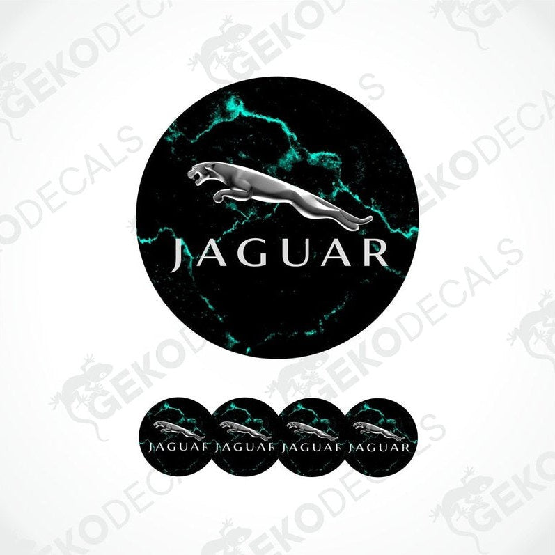 A set of four black vinyl stickers with a JAGUAR logo and a geometric pattern in green.