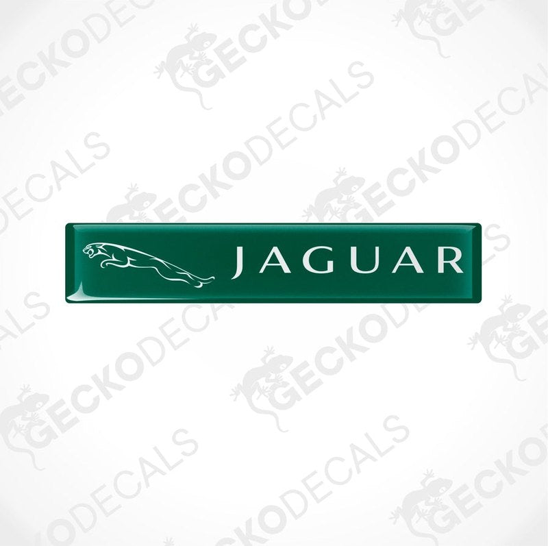  Green rectangular car decals with the word 'JAGUAR' written on them in white lettering, along with the image of a jaguar in white.
