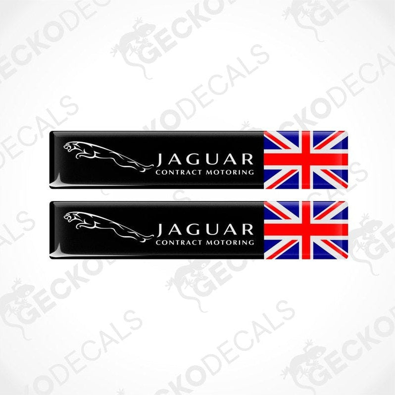 Two black vinyl stickers with the Jaguar logo and a British flag design, placed against a white background.