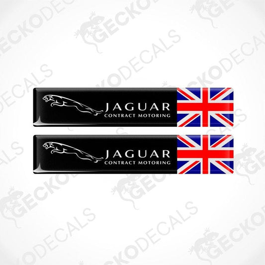 Two black vinyl stickers with the Jaguar logo and a British flag design, placed against a white background.