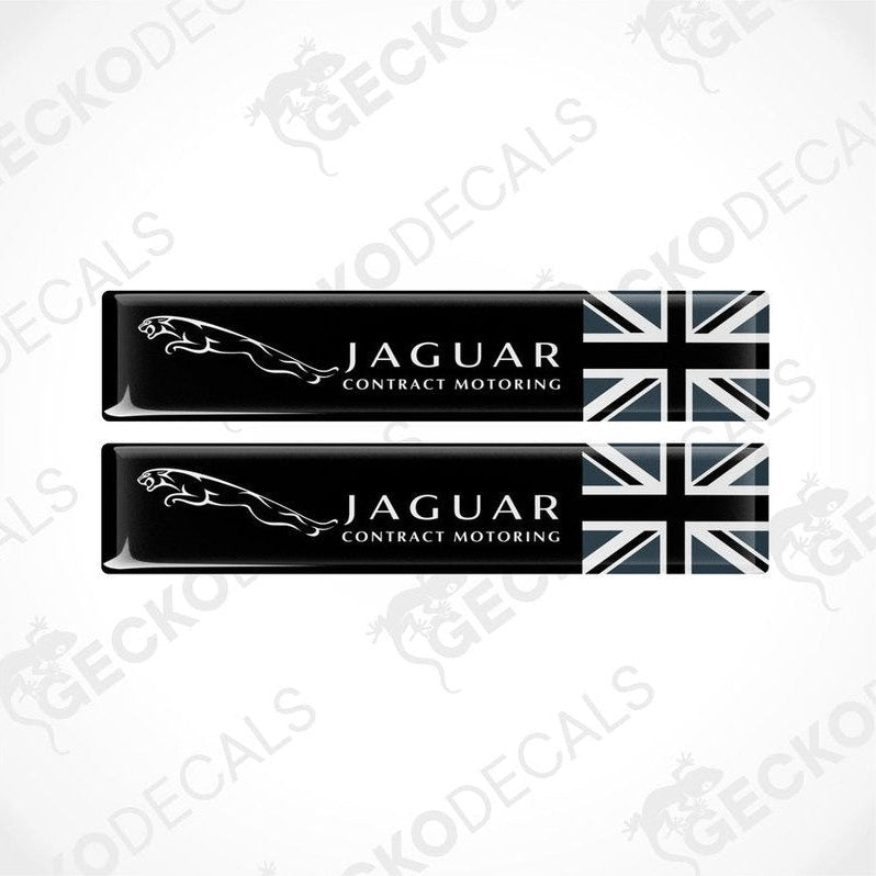 Two black vinyl stickers with the Jaguar logo and a British flag design, placed against a white background.