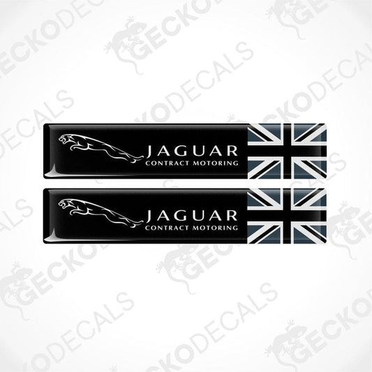 Two black vinyl stickers with the Jaguar logo and a British flag design, placed against a white background.