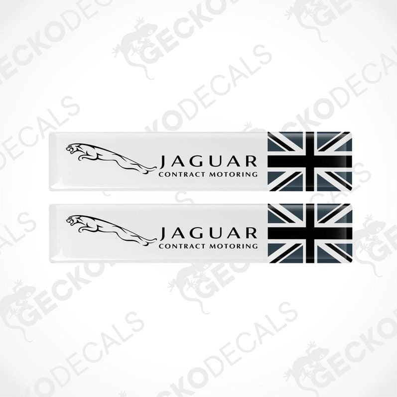 Two white vinyl stickers with the Jaguar logo and a British flag design, placed against a white background.