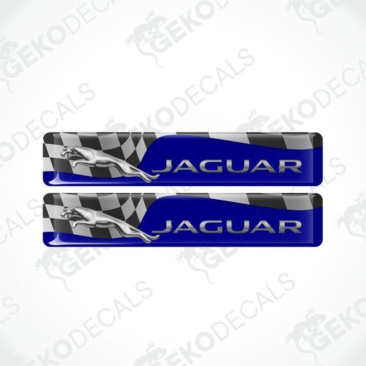 Two Jaguar car decals with checkered pattern on a white background