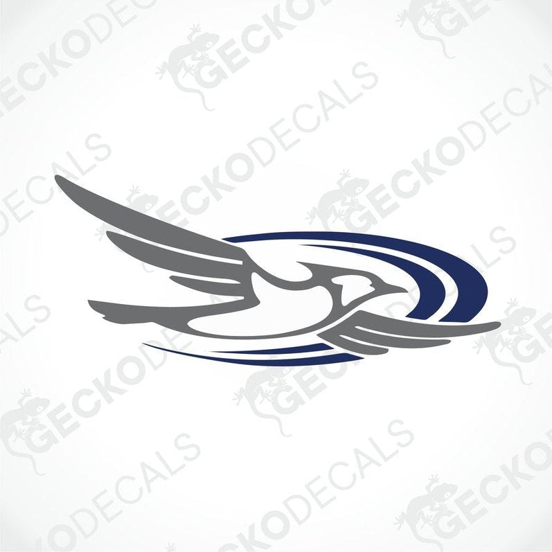 A die cut sticker depicting a bird in flight, primarily in grey with blue accents, designed for use on vehicles or caravans.
