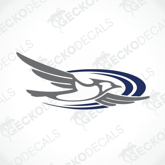 A die cut sticker depicting a bird in flight, primarily in grey with blue accents, designed for use on vehicles or caravans.