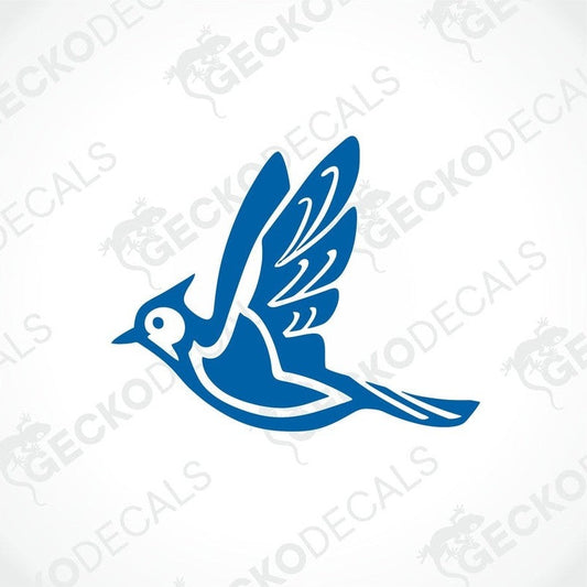 A blue and white die cut sticker of a bird, branded with 'GECKODECALS'.