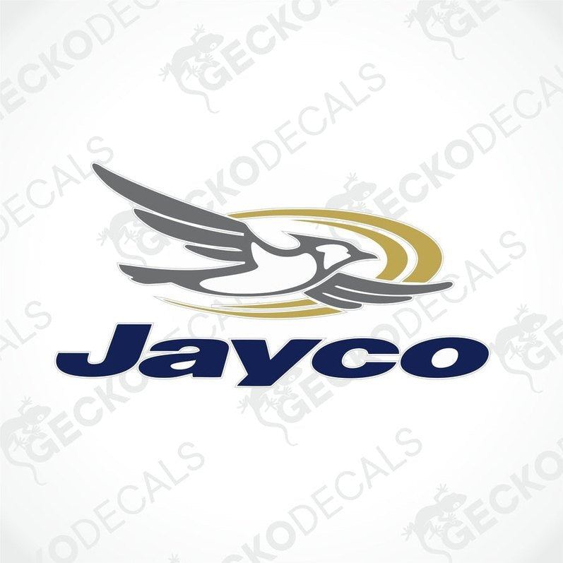 Gray and white Jayco bird decal with golden swoosh for caravan exterior or interior