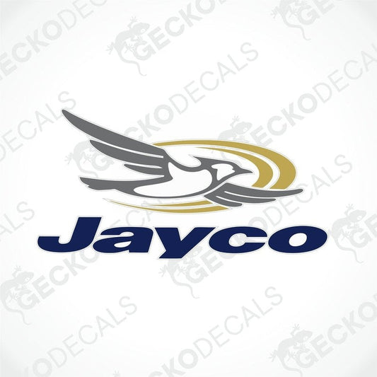 Gray and white Jayco bird decal with golden swoosh for caravan exterior or interior