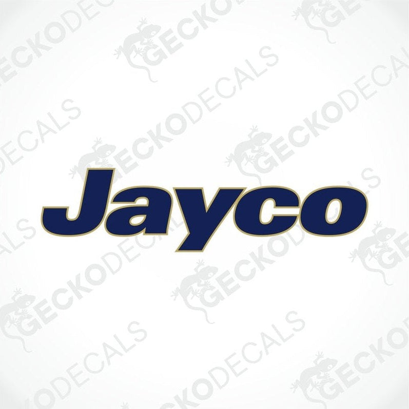 Navy blue Jayco die-cut car decal with gold outline for caravan or RV