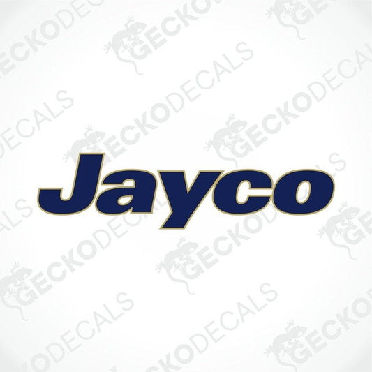 Navy blue Jayco die-cut car decal with gold outline for caravan or RV