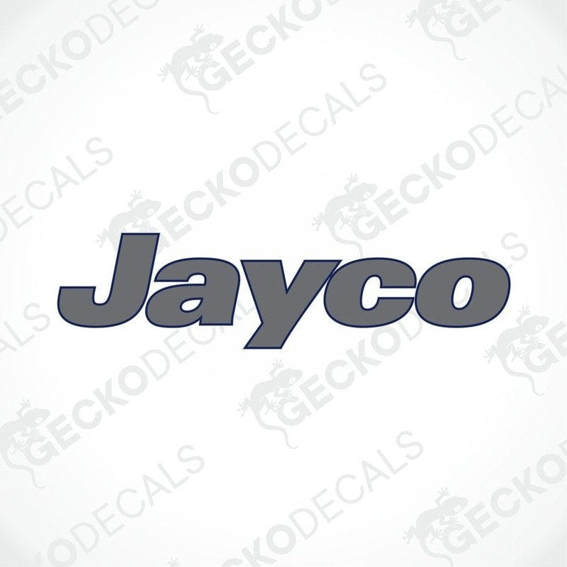 A die cut sticker with the brand name Jayco printed in a bold, capitalised font.