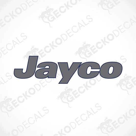 A die cut sticker with the brand name Jayco printed in a bold, capitalised font.