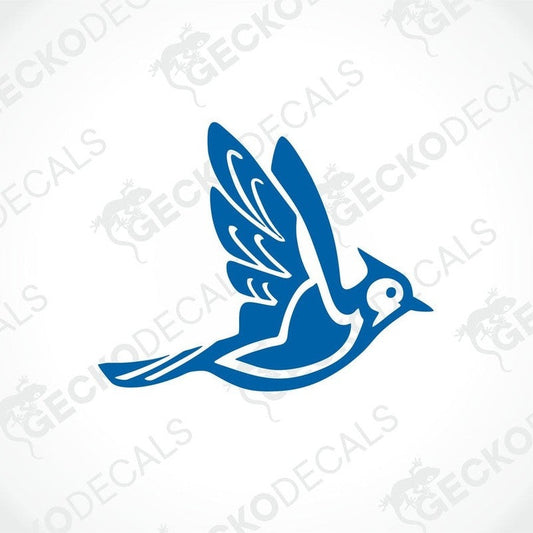 A blue and white die cut sticker of a bird with GeckoDecals branding on the wings.