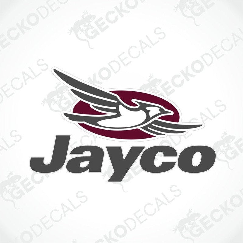 Maroon Jayco caravan die-cut sticker with white bird logo and glossy lamination