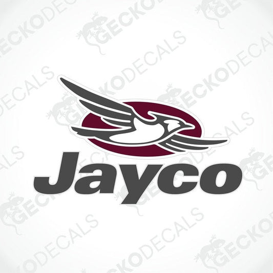 Maroon Jayco caravan die-cut sticker with white bird logo and glossy lamination
