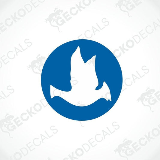 A blue circular decal with a white image of a bird in the center, with the text 'GECKODECALS' around the border.