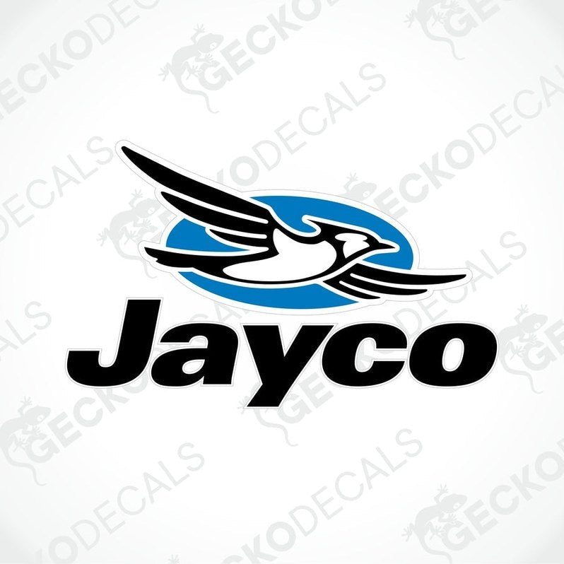 A die cut sticker with the Jayco logo, featuring a black and blue design with a stylized bird.