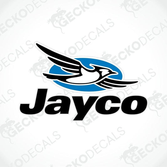 A die cut sticker with the Jayco logo, featuring a black and blue design with a stylized bird.