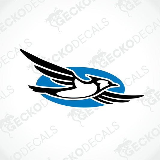 A blue, black, and white die cut sticker with a bird design, branded with 'GECKODECALS'.