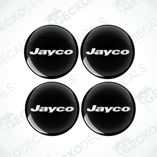 A set of four black vinyl decals with the 'Jayco' brand name on them, designed for use on caravans.