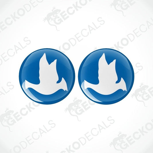 Two blue and white geometric shaped decals with a peace sign design.