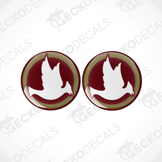 Two vehicle decals, one with a bird design and the other with a maroon and white geometric design, both with the brand name 'JAYCO' on the bottom.
