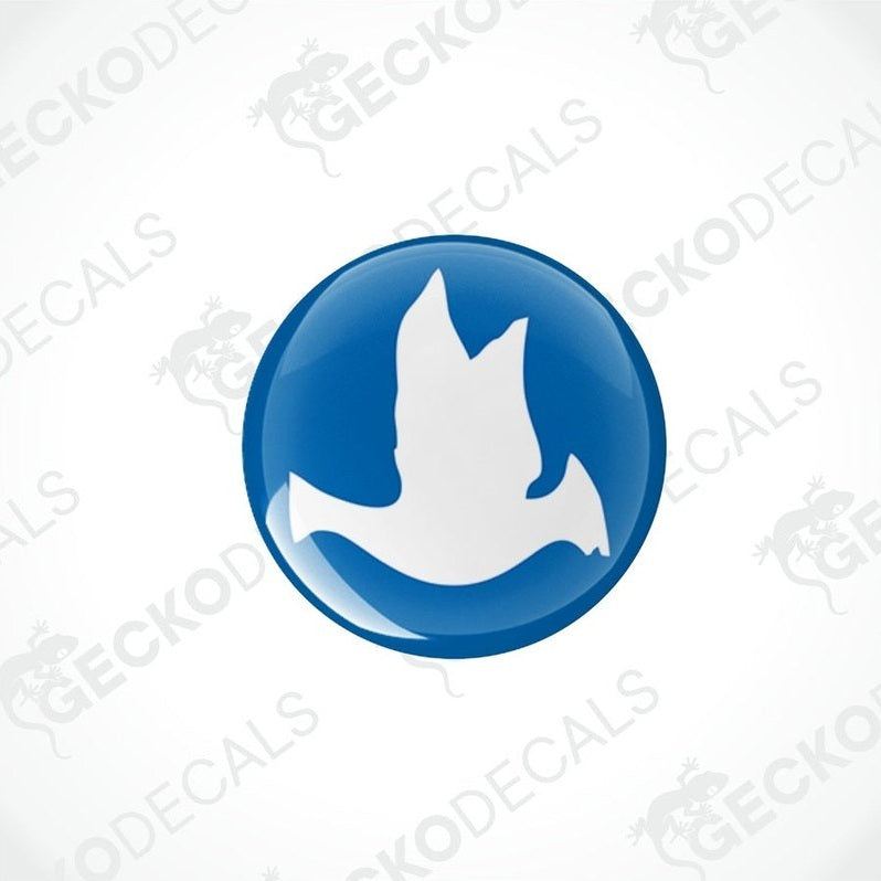 Two blue and white geometric shaped decals with a peace sign design.