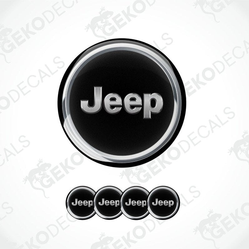 A set of four black vinyl stickers with the word 'JEEP' printed on them, arranged in a circular pattern with a white background.