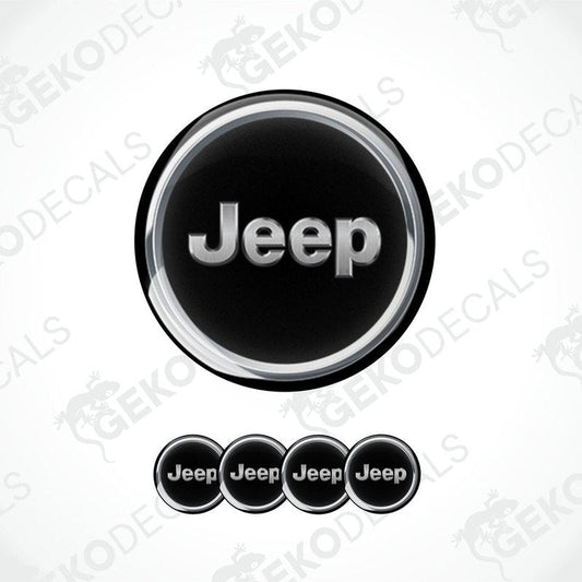 A set of four black vinyl stickers with the word 'JEEP' printed on them, arranged in a circular pattern with a white background.