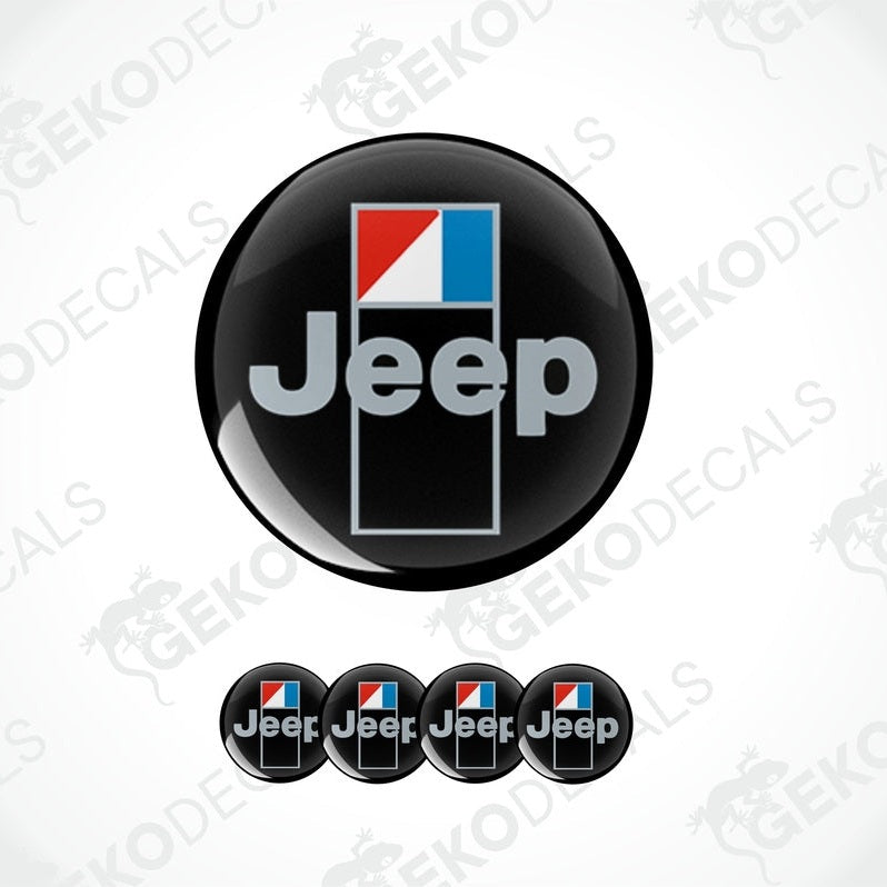 A set of four Jeep branded vinyl decals, three in circular shape and one in rectangular shape, with a red, white, and blue color scheme.