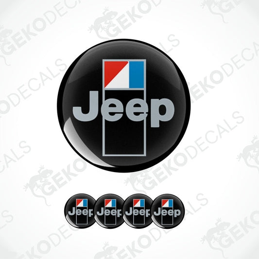 A set of four Jeep branded vinyl decals, three in circular shape and one in rectangular shape, with a red, white, and blue color scheme.