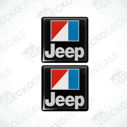 Two square-shaped Jeep decals with a red, white, and blue color scheme and the Jeep brand logo.
