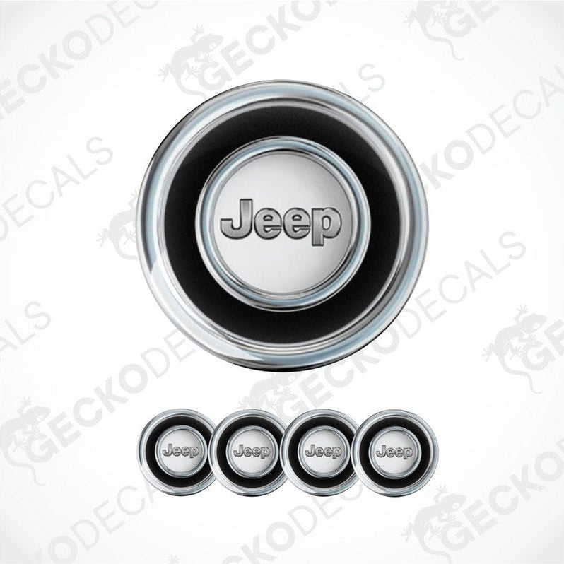 Set of Jeep logo wheel center caps on a white background with 'Gecko Decals' branding.