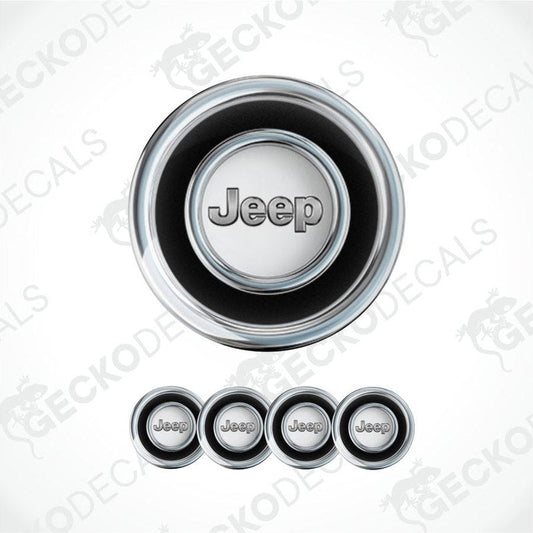 Set of Jeep logo wheel center caps on a white background with 'Gecko Decals' branding.