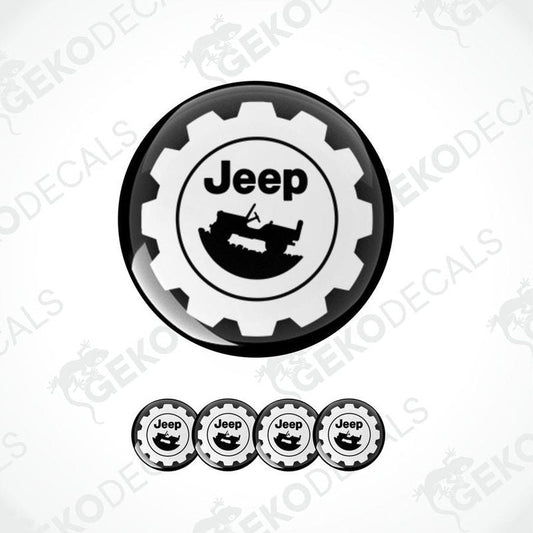A set of four white vinyl stickers with a JEEP logo and an illustration of a boat on each sticker.
