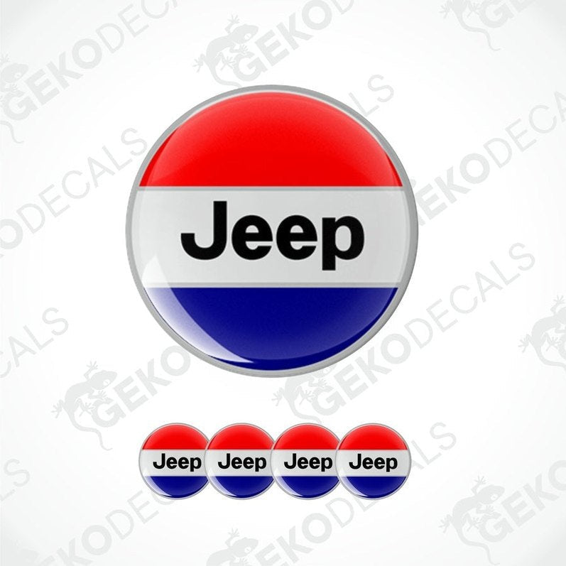 A set of four JEEP branded vinyl stickers with a red, white, and blue color scheme, displayed on a white background.
