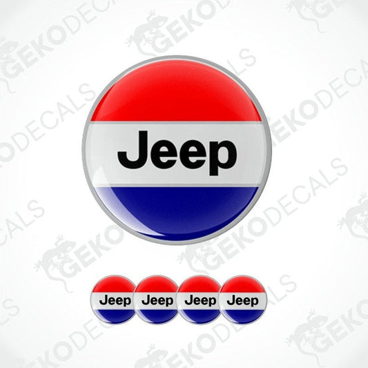 A set of four JEEP branded vinyl stickers with a red, white, and blue color scheme, displayed on a white background.